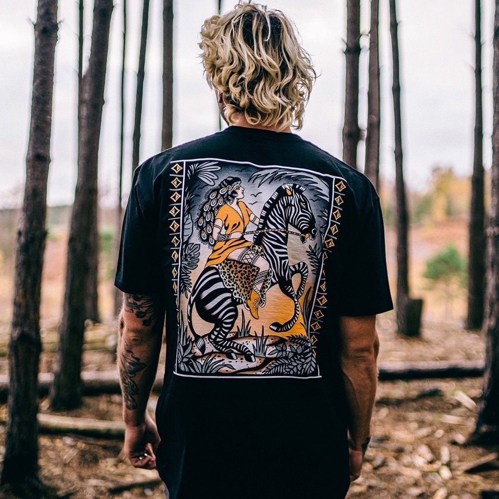 Doomsday Co Graphic Tee | Zebra Warrior Print | Artsy Streetwear Tattoo Style